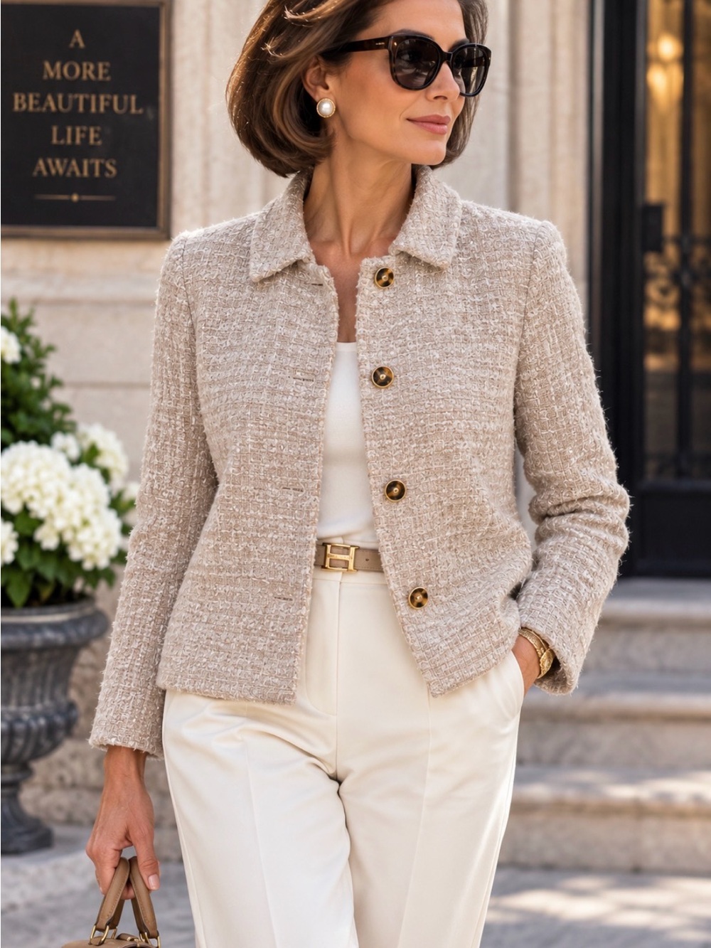 MaxMara Studio Beige Tweed Bouclé Wool Blend Collared Jacket Made in Poland Sz 4